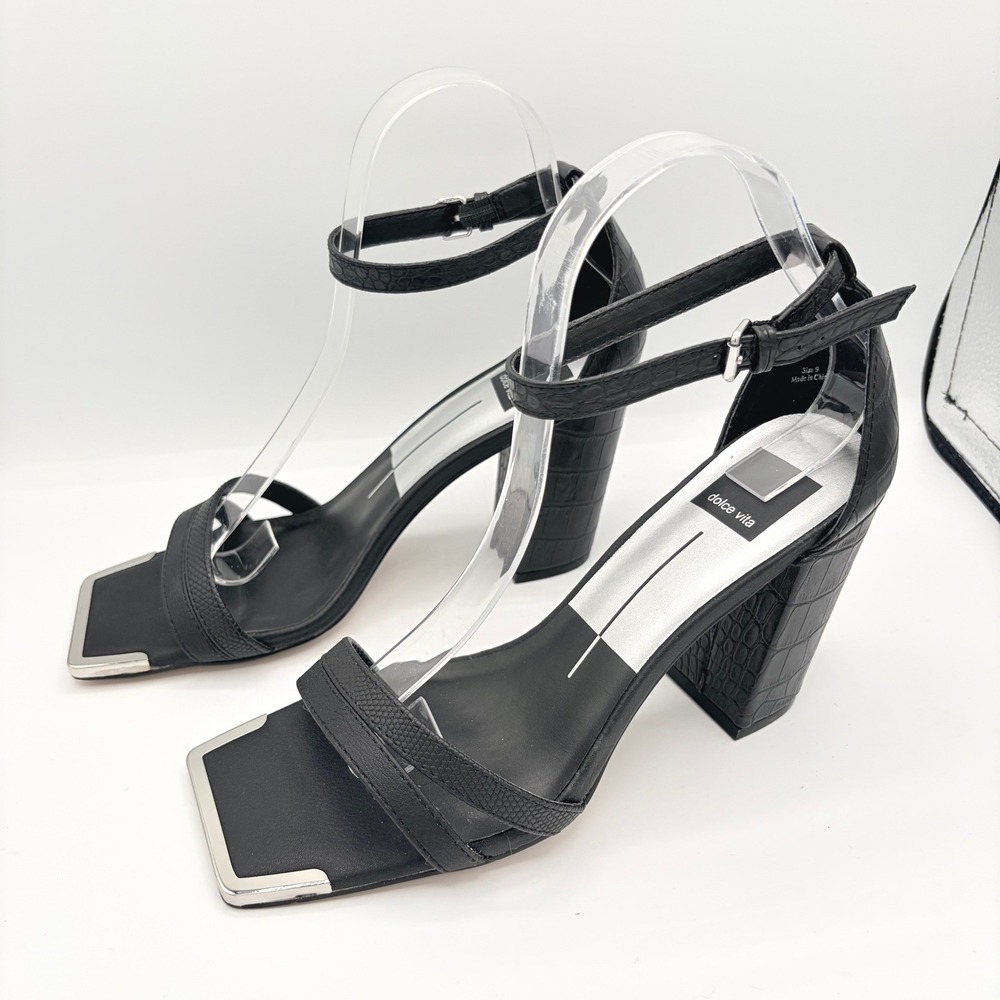 Dolce Vita Sandals Size 9 Croc Embossed Black Square Toe Metal Tip Block Heel - Picture 2 of 6
